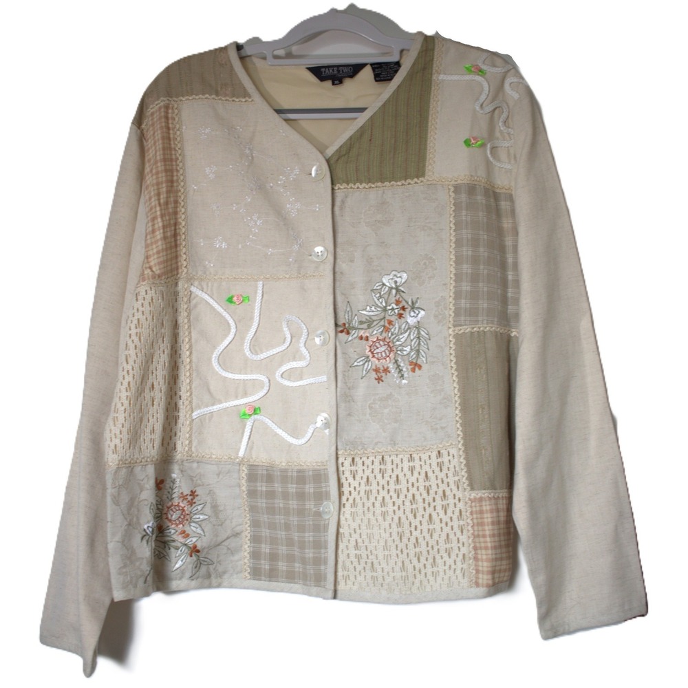 Take Two Clothing Co Patchwork Embroidered Linen Blend Jacket Beige XL